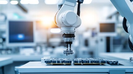 Poster - A robotic arm assembling parts in a clean, high-tech electronics manufacturing environment, modern and precise setting with a focus on assembly efficiency