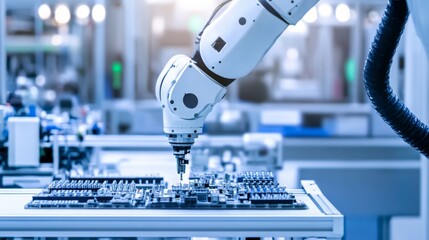 Poster - A robotic arm assembling parts in a clean, high-tech electronics manufacturing environment, modern and precise setting with a focus on assembly efficiency