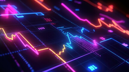 Poster - Abstract depiction of financial graphs and charts in neon colors