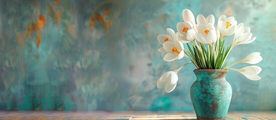 Canvas Print - Beautiful white crocus flowers in a vase set against a turquoise backdrop with copy space image