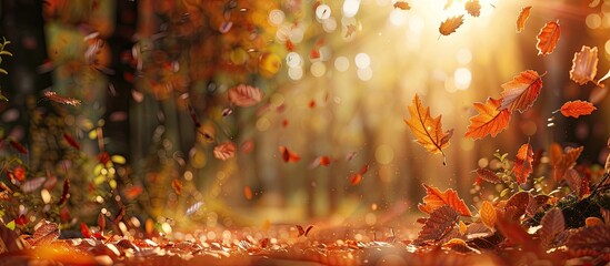 Wall Mural - Autumn leaves displaying their beauty in the forest with plenty of copy space image