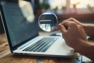 A person using a magnifying glass to inspect a laptop screen