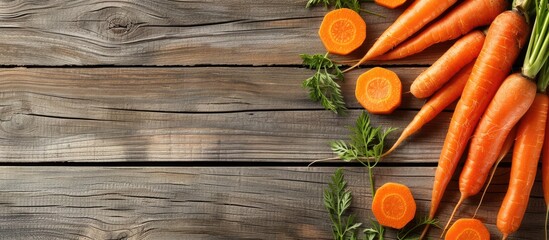 Wall Mural - A flat lay composition featuring whole and sliced carrots on a wooden table with room for text within the copy space image