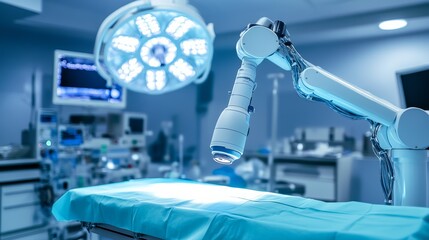 Poster - a robotic arm conducting precise robotic surgery in a modern operating room, clean and sterile envir
