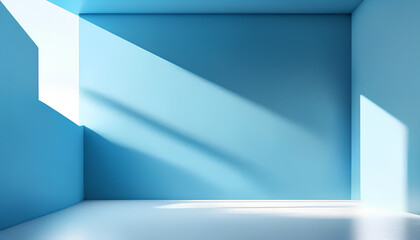 Panoramic abstract blue background for product presentation with sunlight and blurred shadows wall. Winter background.