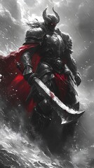 Dark Warrior in Stormy Landscape with Bloodied Sword