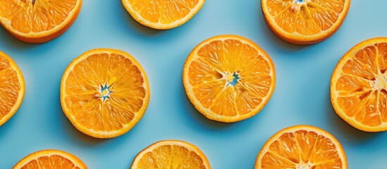 Top view of fresh orange slices arranged in a fruit pattern on a colored background creating a creative summer concept with copy space image