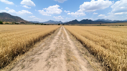  A view of a dirt road flanked by golden fields under a bright blue sky with mountains in the background.