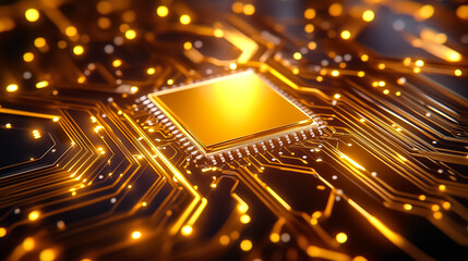 Poster - This macro shot captures the complex design of a microchip, showcasing its vibrant circuitry and glowing connections