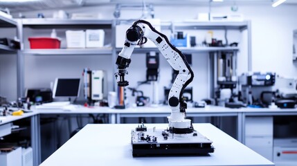 Poster - a robotic arm handling complex robotic assembly tasks in a clean, futuristic robotics lab with vario
