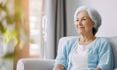 Senior woman with intravenous drip sitting on couch