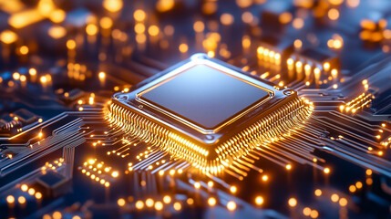 Poster - A close-up view reveals the intricate design of a microchip glowing with bright lights on a circuit board