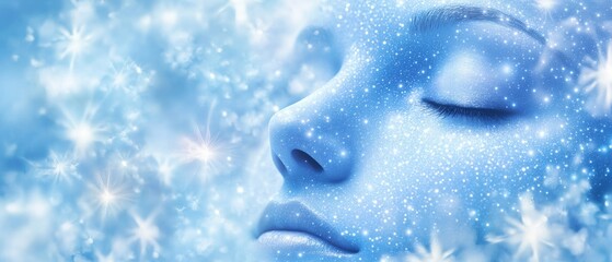 A woman's face is shown in a blue background with snowflakes