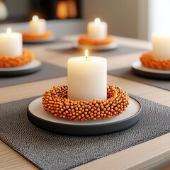 Poster - Burning Candle with Orange Decoration on Table.