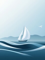 Aufkleber - A graceful sailboat navigates tranquil waves, enjoying a calm day on the water with minimal distractions in the peaceful surroundings. Generative AI