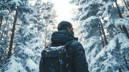 Leinwandbilder - A man wearing a dark puffy jacket with a black backpack walks through a snowy forest. He is looking to the right side of the frame as he walks. Snow is falling on the trees and his jacket.