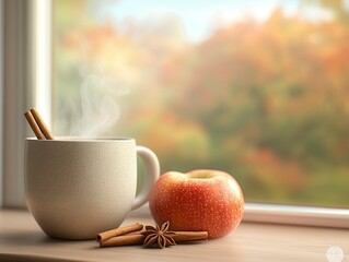 Poster - Warm Autumn Drink with Apple and Cinnamon.