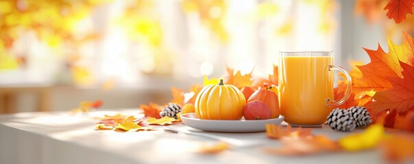 Sticker - Autumnal Table Setting with Orange Juice, Pumpkin and Fall Leaves.