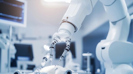 Poster - A robotic arm performing delicate surgery on a robotic model in a high-tech medical training center, clean and precise training environment, Training style
