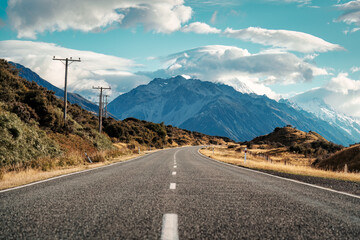 Sticker - Road trip on the road heading to Mount Cook among autumn wilderness at New Zealand