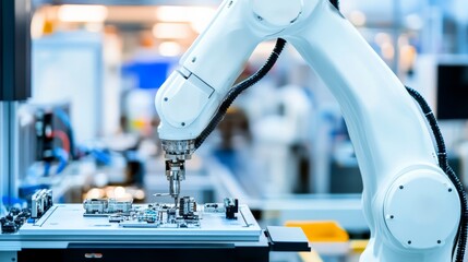 Aufkleber - A robotic arm performing detailed assembly work in a high-tech electronics lab, clean and precise environment with a focus on intricate tasks, Technical style