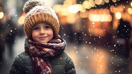 A young child radiates joy while standing in the snowfall, bundled in a warm hat and scarf. The background glows with lights from a festive market, creating a magical winter atmosphere.