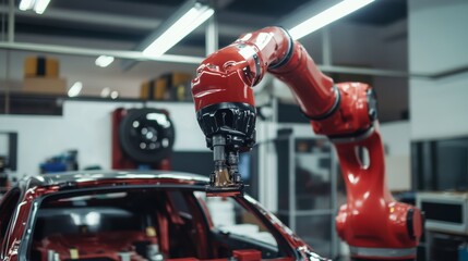 Aufkleber - A robotic arm performing detailed painting in a high-end car customization workshop, clean and sophisticated environment with a focus on automotive aesthetics, Automotive style