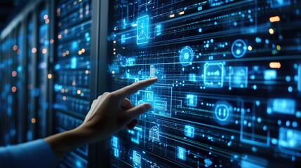 Hand touching a virtual screen with futuristic Smart energy storage technology icons on a dark blue background, representing a data center, server room, or network security concept.