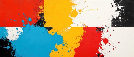 Poster - Modern art composition with splashes of bright, bold colors overlaying a monochrome checkerboard pattern, the chaotic paint strokes giving a sense of energy and movement