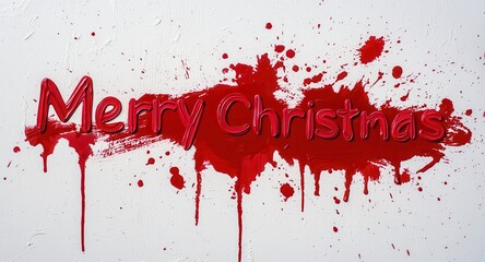 Red Merry Christmas text with splatters on a white isolated background