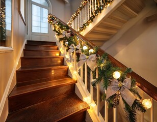 Stairs decorated for Christmas, minimalist Christmas interior home decor, Christmas stairs, Christmas decor, holiday decorations, interior home decor, festive staircase, decorated stairs, Christmas in