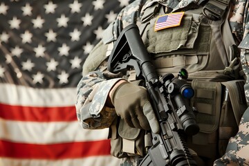 A soldier in uniform holds a rifle in front of an American flag, symbolizing patriotism.