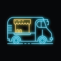 Poster - Neon food truck sign glowing on a black background