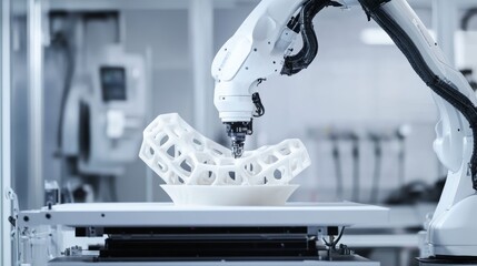 Aufkleber - A robotic arm performing high-precision 3D printing in a futuristic fabrication lab, clean and advanced environment with a focus on additive manufacturing, 3D Printing style