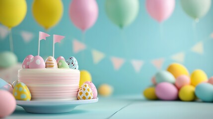 A festive scene featuring a decorated cake with pastel-colored eggs, balloons, and bunting, perfect for a celebration or spring occasion.