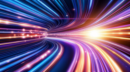 Poster - Bright light trails weave through a digital space, symbolizing fast and efficient data transfer in motion