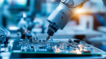 Aufkleber - A robotic arm performing intricate soldering on electronic circuit boards in a clean, high-tech electronics lab, modern and precise environment with a focus on electronics manufacturing