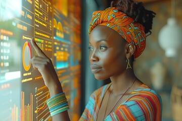Fototapete - Stylish African American woman in a colorful headwrap and accessories interacting with digital interface. Data visualizations on screen, showcasing technology and cultural fashion blending seamlessly.
