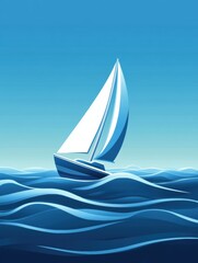 Fototapete - A sailboat moves effortlessly on smooth, tranquil waters, embodying peace and freedom in a minimalist blue seascape. Generative AI