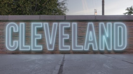 Poster - Urban Wall Art: Illuminated Word 'Cleveland' in Neon Style Against a Textured Background, Ideal for City-themed Projects