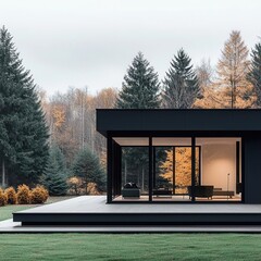 Blueprint of a modern house with glass walls facing a coniferous forest, architectural contrast, nature view