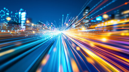 Poster - Bright light trails converge, showcasing the speed of data transfer in a bustling city at night
