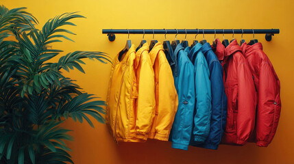 A vibrant collection of jackets in various colors hanging on a clothing rack against a bold yellow background with a large green potted plant beside it