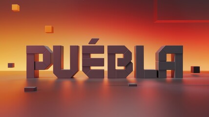 Poster - Modern 3D Typography: The word 'Puebla' in bold characters against an orange gradient background, ideal for design projects or promotions.