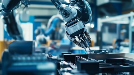 Aufkleber - A robotic arm repairing a complex piece of machinery in a busy aerospace engineering workshop, spacious and organized industrial setting, Aerospace-tech style
