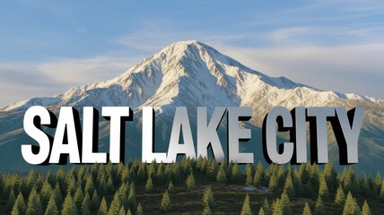 Wall Mural - 3D Text of Salt Lake City Against a Scenic Mountain Landscape in Bright Colors, Ideal for Travel Promotions