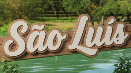 Sticker - Vibrant Signage of São Luís: Captivating wooden letters against a lush green backdrop, ideal for travel and tourism promotion.