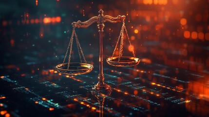 Wall Mural - digital justice scales amidst a data center, symbolizing the balance of law and technology, reflecti