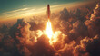 © Hovhannes - Rocket launching into the sky through fluffy clouds. The image captures the moment of liftoff with the vibrant blue sky and dramatic clouds.