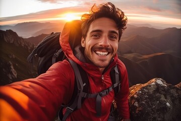 Sticker - Happy youngman with backpack adventure mountain portrait.